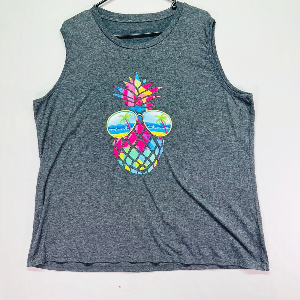 Womens Plus 3XL Pineapple Sunglasses Muscle Tank Top‎ Charcoal Gray Tropical Gym